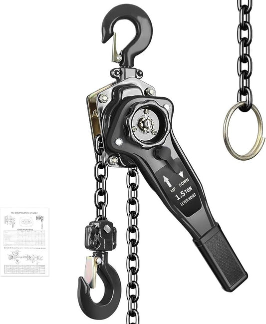 Manual Lever Chain Hoist 1.5 Ton 3300 lbs Capacity 10 FT Come Along, G80 Carbon Steel with Double-Pawl Brake,360° Rotation Hook, for Garage Factory Dock (Lever Chain Hoist 1.5T/3m)