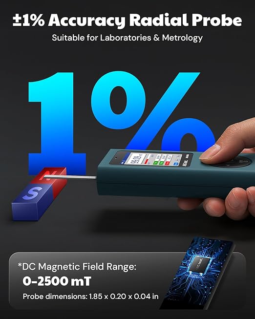 8035 DC Gauss Meter, Telescopic Hall Sensor, Rechargeable Tesla Meter 0–2500 mT, Magnetometer with Data Logging and Alarm, Magnetic Field Strength Meter, ±1% Lab-Grade Precision for Research
