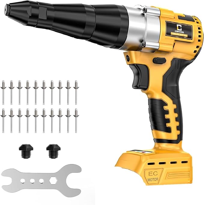 Cerycose Cordless Rivet Gun Compatible with DeWalt 20V Battery,Brushless Electric Rivet Nut Tool with 3 Sizes Steel Rivets(1/8",5/32",3/16") & Nose Pieces, Professional Riveters Gun 20V(Tool Only)