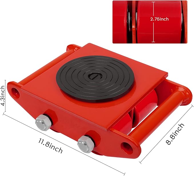 6T Machinery Skate Dolly with 360° Rotation Cap for Heavy Duty Moving | Carbon Steel 13200lbs Heavy Duty Machine Dolly Skate for Industrial Moving Equipment Red 1pc PU Rollers