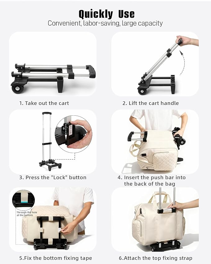 Rolling Teacher Bag, 16 Inch Rolling Laptop Bag with Detachable Dolly & Teacher File Tote, Large Roller Briefcase for Teaching Office Work, Women, Craft Nurse,Beige