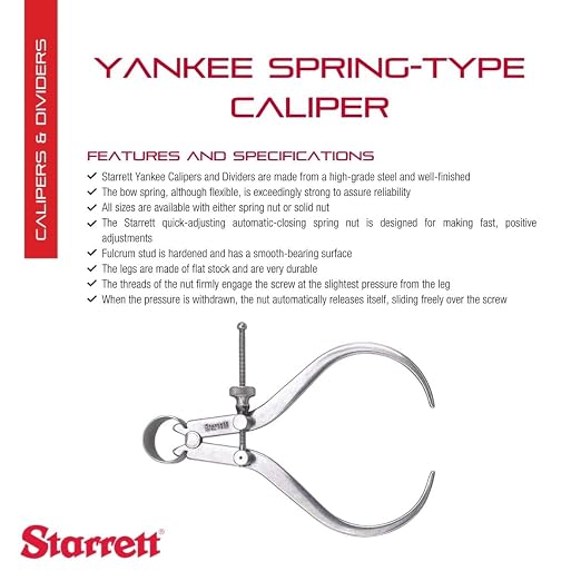 Starrett 79 Series "Yankee" Spring-Type Outside Calipers with Flat Legs and Solid Nut - Hardened Fulcrum Stud, Spring Joint Type, 4" Size and Capacity - 79A-4