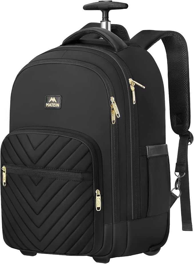 MATEIN Rolling Backpack for Women, 17 inch Water Resistant Wheeled Laptop Backpack, Large Carry On Luggage Travel Backpack with Wheels, Trolley Suitcase Business Overnight Roller Bag for Adults, Black