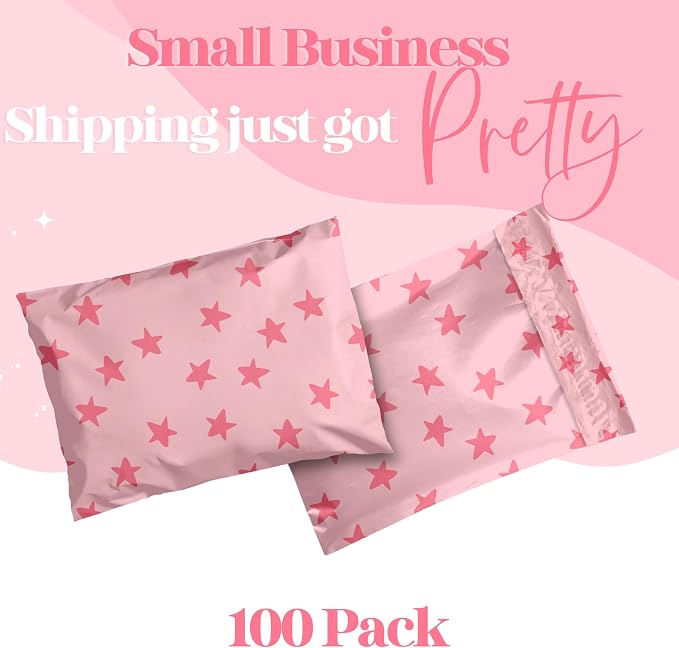 Pretty Package Store Poly Mailer 14.5x19, Pink Seeing Stars, 100 Pack | Heavy Duty, Waterproof, Self Seal, Tear Resistant, Shipping Bags for Small Business Packaging, Bulk Mailing Envelopes