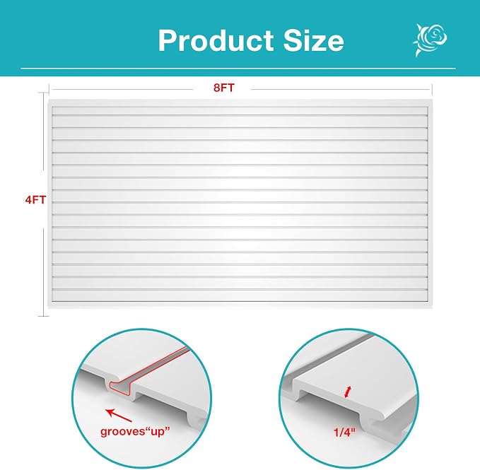 NeatiEase Slatwall Panel Wall Storage Systems, 4 x 8ft Slat Wall Paneling Garage Wall Organizer, Heavy Duty Wall Mounted PVC Wall Rack (White)