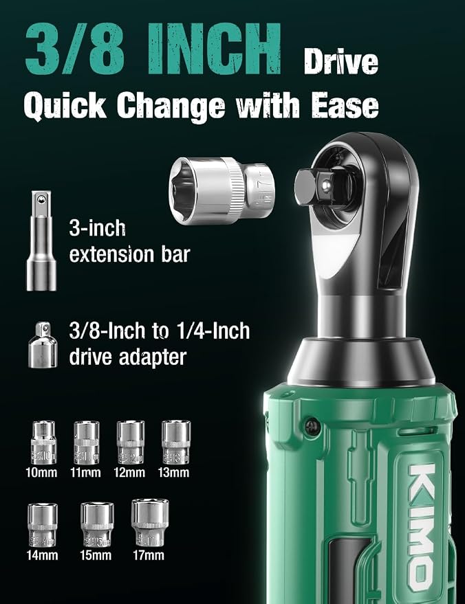 KIMO Extended Cordless Ratchet Wrench 1/2", 400RPM 40Ft-Lbs 4-Inch Long Neck Electric Ratchet Wrench Set w/Variable Speed, 7 Sockets & 1/4" Adapter, 12V Power Ratchet Wrenches with 2x2.0 Ah Batteries