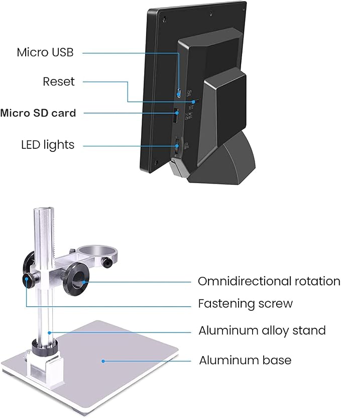 7" LCD Digital Microscope for Adults, 1200X Coin Magnifier with Screen, 12MP 1080P USB Camera, Metal Stand, 8 LED Lights, PC View for Soldering and PCB Repair