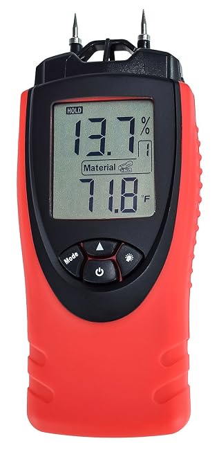 eH710T Moisture Meter by ennoLogic – Digital LCD Pin Type with 7 Material Settings for Wood, Cement, Mortar, Brick, Drywall, Carpet – Backlight, Hold, Max/Min, Air Temperature, and Holster