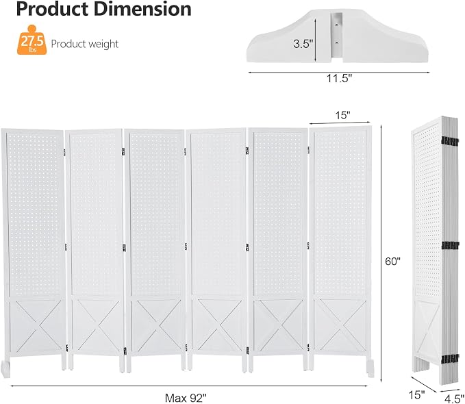 VINGLI Freestanding Pegboard with Support Feet, 5 FT Wood Room Divider Display Board Organizer, Folding Privacy Screen Partition Space Separator for Craft Shows Events Retail (White, 6 Panel)
