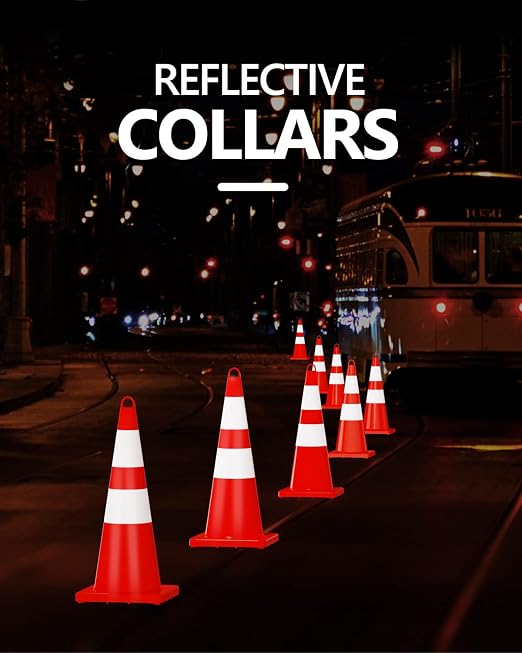 BATTIFE 28 Inches Traffic Safety Cones | 8 Pack | PVC Cone with Reflective Collars, Orange Construction Cone for Traffic Control, Driveway Road Parking Use