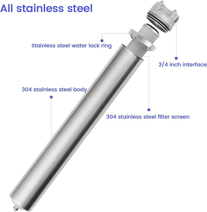 NSF/ANSI 42 Stainless Steel Whole House Water Filter Housing, 20" x 2.5" Sediment Water Filter System for Heavy Duty, Well & City Water, 3/4" NPT Port, Drain Valve Style C(Square Head)