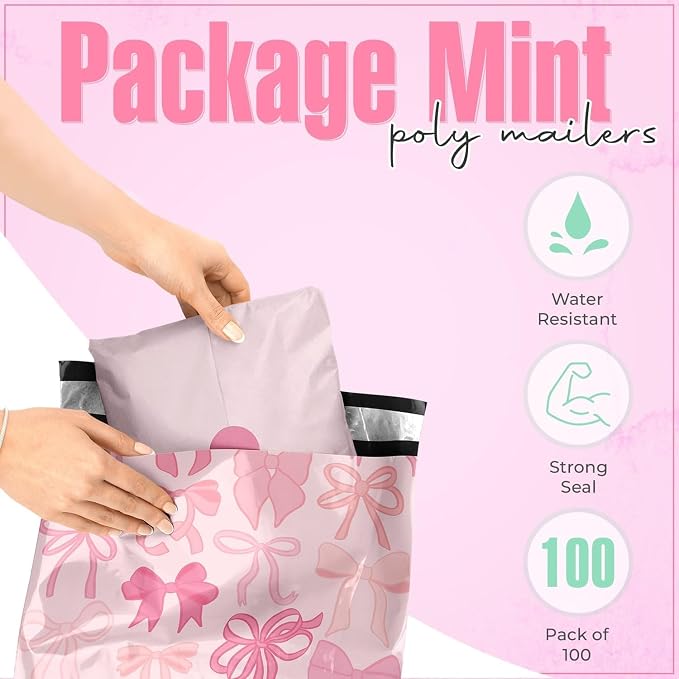 Package Mint 14x19 Poly Mailers - 100 Pack Bows Print Design - Waterproof and Tear-Resistant Poly Mailer Shipping Bags with Self-Adhesive Seal - Opaque Mailing Envelopes for Clothing and Soft Goods