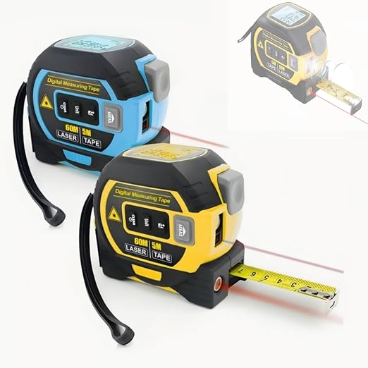 Tape Measure 3-in-1 Tape Measure - Digital Measuring Tape with Data Storage Function Vertical Crosshair Rangefinder, LCD Display, 16Ft Tape,60M/197Ft Rangefinder,Yellow/Blue:60M.
