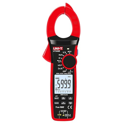 UNI-T Digital Clamp Meter UT208B Inrush Current AC/DC 1000A TRMS HVAC Volt Amp Ohm Meter Clamp On Multimeter Auto Ranging 6000Counts Voltage Frequency LPF ACV Capacitance Duty Cycle Temperature Tester