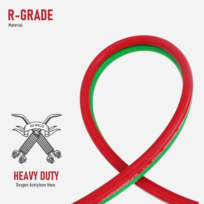 RX WELD 50 FT 1/4" Oxy Acetylene Welding Hose with 9/16"-18 B Fittings | Grade R, Rubber, Twin-Line Torch Hose