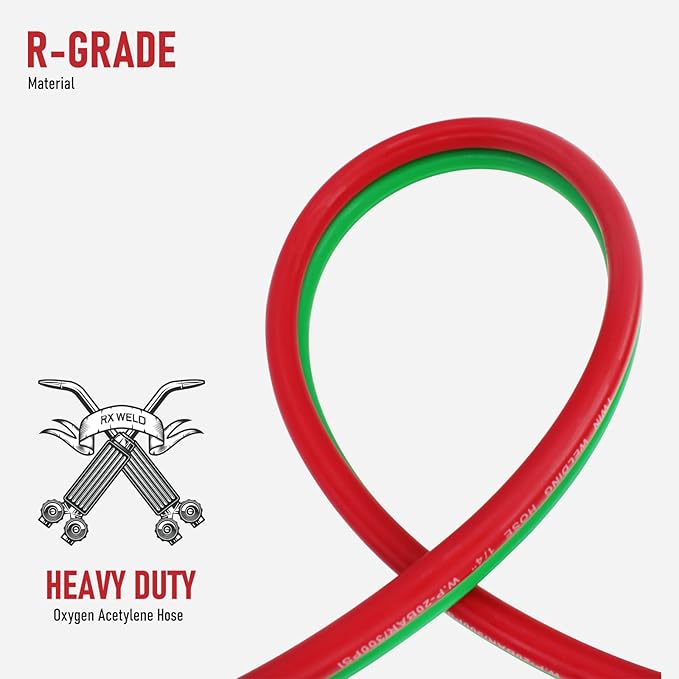 RX WELD 25 Feet 1/4" Oxy Acetylene Welding Hose with 9/16"-18 B Fittings | Grade R, Rubber, Twin-Line Torch Hose