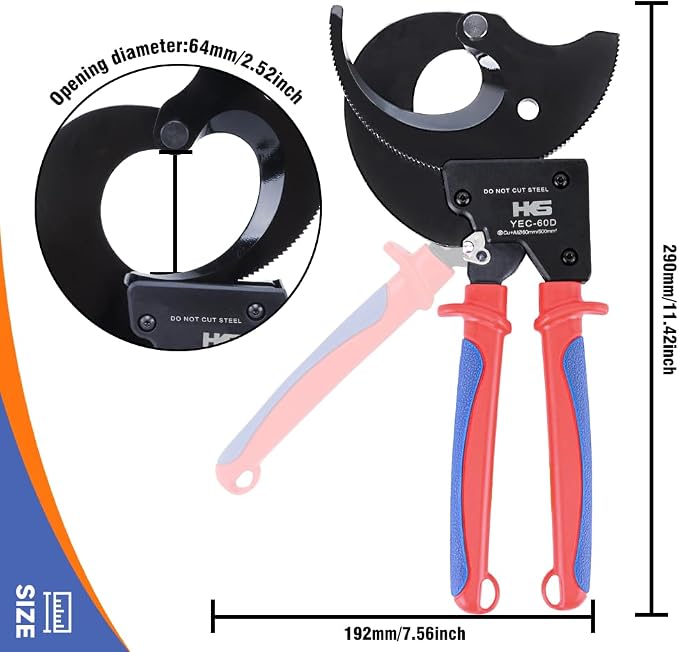 HKS Ratchet Cable Wire Cutter Heavy Duty for Cutting Electrical Aluminum Copper and Multi-core Cables up to 500mm² (AWG 1000MCM) YEC-60D
