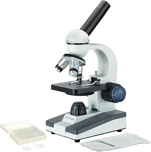AmScope M150 Series Portable Student Monocular Compound Microscope - 40X-1000X Magnification - Features LED Light & 25 Prepared Slides - Has Coarse & Fine Focus