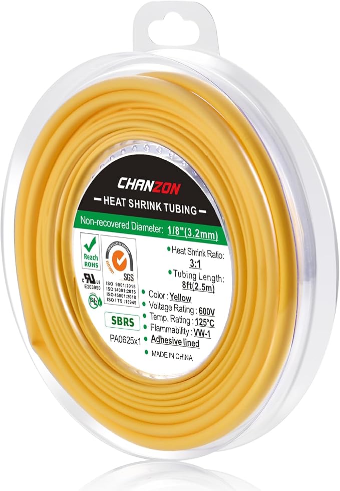 Chanzon 3:1 Ratio 1/8" (3.2mm) Heat Shrink Tubing - Marine Grade Waterproof Adhesive Lined - 8Ft Roll (2.5M Total Length) Yellow Polyolefin Sleeving Wrap Shrinking 3 to 1 Ratio 1pcs