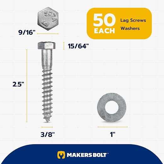 3/8 x 2-1/2 (50 Pack) Lag Screw Kit, 50 Screws and 50 washers, Hot Dip Galvanized, Meets ASME B18.2.1 Industrial/Commercial Grade by Makers Bolt