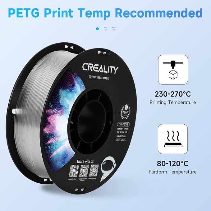 Creality PETG Filament 1.75mm Clear, 3D Printer Filament No-Tangling, Strong Bonding and Overhang Performance Dimensional Accuracy +/-0.02mm, 2.2lbs/Spool