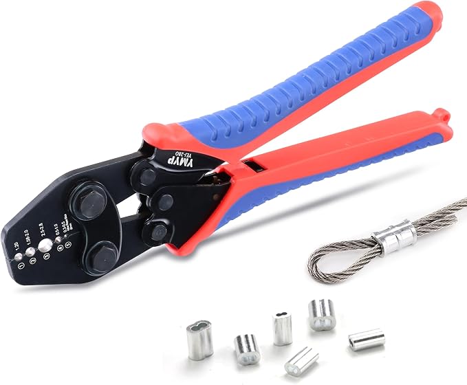 Wire Rope Crimping Tool with Ratchet, Ferrule Swaging Tool for Aluminum Sleeves, Loop Sleeves, Wire Rope Crimper for 1/64"-7/64'' (0.3mm-2.8mm) Cables, Heavy-Duty Swaging Tool for Railing,Fishing