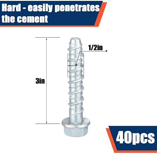 Tandefio 40 Pack 1/2" x 3" Galvanized Concrete Anchors and Screws Kit Large Diameter Concrete Heavy Duty Plated Hex Head Screw for Anchoring Masonry Brick Block Stucco Cement