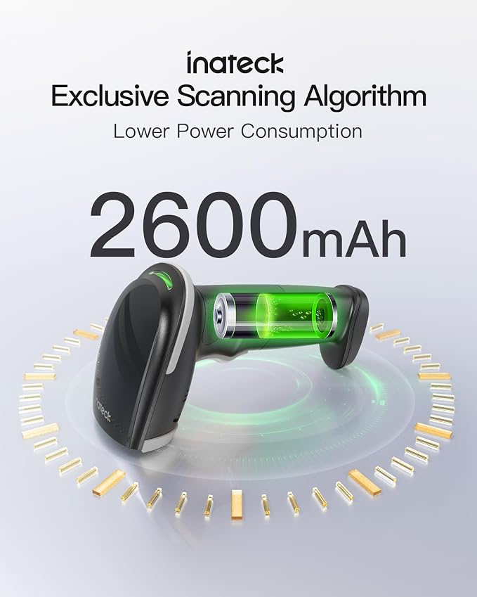Inateck 2D Barcode Scanner with Intelligent Stand, Wireless QR Code Scanner, Handheld Scanner with APP and SDK, 2D Imager with 2600mAh Battery, BCST-35 Gray
