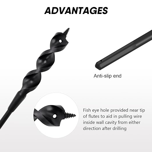 HUAALIUCHE 48" Flexible Installer Drill Bit for Pulling Wires in Walls, Ceilings, and Sidewalks, 3/4" Auger with Screw Point & Fish Eye, 1/4" 3-Flat Shank for Wood & Conduits, with Storage Tube