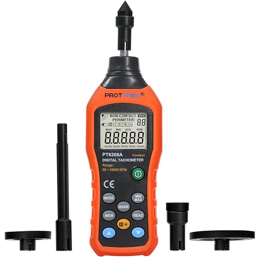 Protmex Digital Tachometer, 50-19999 RPM Contact Tachometer, 100 Groups Data Store Handheld Speed Meter with Backlight, Max/Min/AVG RPM Rotation Speed Gauge, PT6208A (Batteries Included)