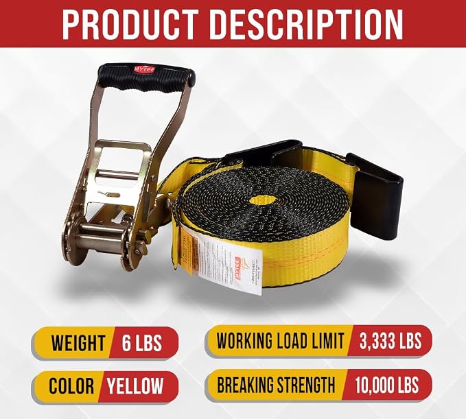 Mytee Products (200 Pack) Ratchet Tie-Down Straps with Flat Hooks, 2" x 30' Ratchet Straps Yellow | 10,000 Lbs Breaking Strength | TieDown Ratchet Straps for Flatbed, Truck, Trailers Pickup