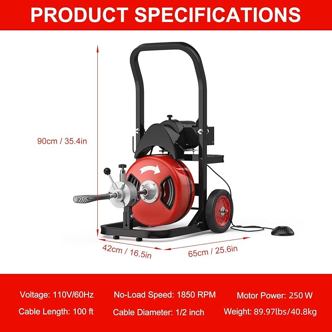 50FT 1/2 Inch Auto Feed Drain Cleaning Machine, Portable Electric Drain Auger with 6 Cutter & Air-Activated Foot Switch, Sewer Snake Drain Cleaner for 1" to 4" Pipes, Red