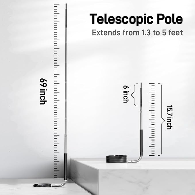 Teslong Telescopic Endoscope Inspection Camera with Screen & Light, 4.5" IPS Display Borescope with 5FT Telescoping Pole, IP67 Waterproof Inspection Camera for Ceiling, Wall, Chimney, Automotive &HVAC