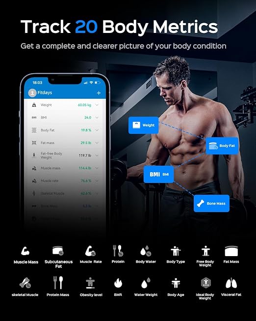 Smart Scale for Body Weight, Accurate Body Composition Scale with BMI, Body Fat, Muscle Mass, Digital Bathroom Scale with 7-in-1 Large LED Display, 20 Body Metrics Sync App, 400lb