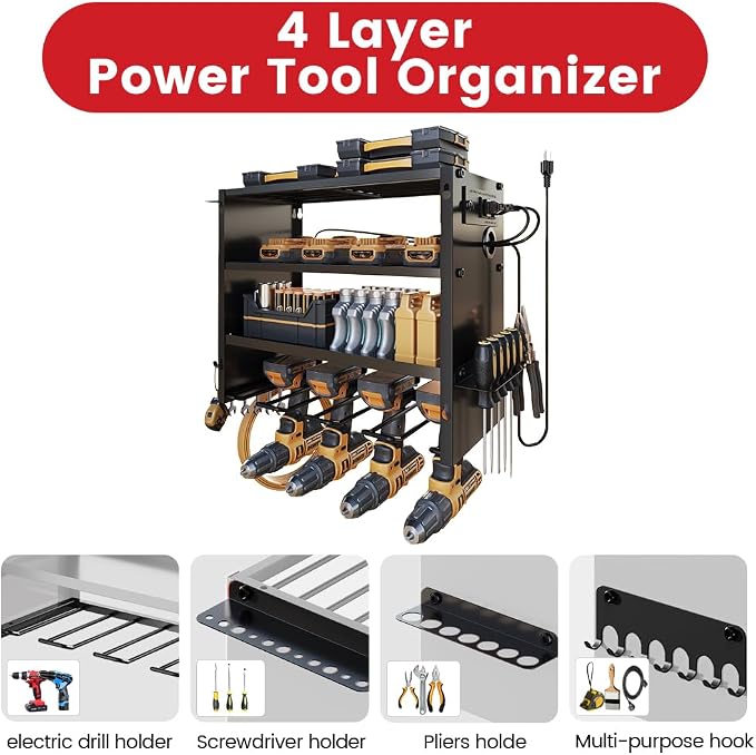 4-Tier Power Tool Organizer, Built-in 2-Outlet Charging Station for Small Garages,400lb Capacity 12mm Steel Drill Holder & Battery Storage for DIY Workshops (4 Slots with 2 Outlets Power Strip)
