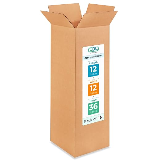 Tall Moving & Shipping Boxes 12"L x 12"W x 36"H (15-Pack) - Extra Strength 200 lb vs Regular - USA-Made Corrugated Boxes for Packaging Moving - Cardboard Box - Moving Supplies Box by IDL Packaging