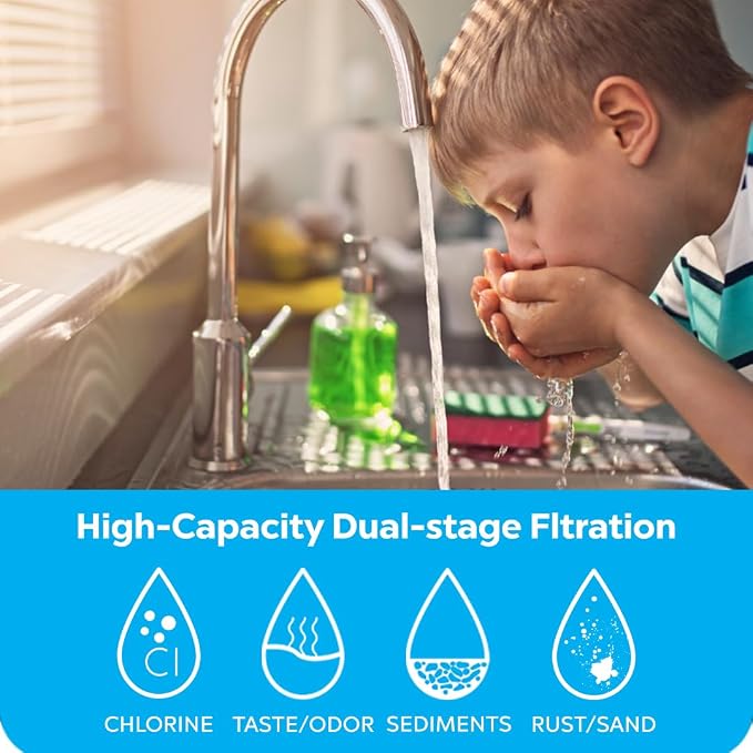 Clearbrook Dual Filter System – Kitchen Sink Water Filter, 12" Pre-Filter & Gen4 Filter, Under Sink Water Filter, Dual Stage Filtration, Kitchen Sink Compatible, 8000 Gallons Capacity