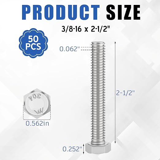 Zonon 50 Pcs 3/8-16 x 2-1/2" Hex Head Screw Bolt 18-8 (304) Stainless Steel Hexagon Bolts, Fully Threaded, Plain Finish, External Hex Drive (Silver)