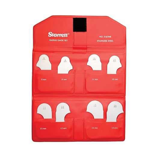 Starrett Radius Gauge Set - 8-15mm Range, 1mm Increment, Millimeter Without Holder, Satin Finish, 8 Stainless Steel Gauges - S167MBZ