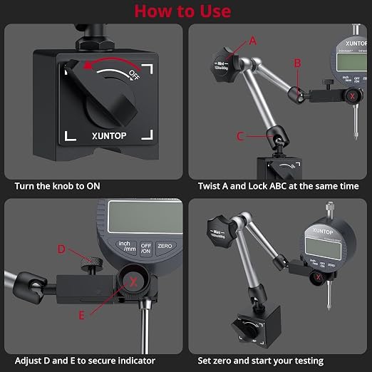 XUNTOP Digital Dial Indicator 1inch/0.0005inch with 132lbs/60kg Magnetic Base,Inch/Metric Conversion LCD Display Electronic Indicator, Dial Test Gauge for Lathe,3D Printer,CNC,Indusrial