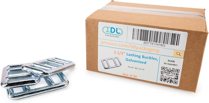 Cord Strapping Buckles 1 5/8" (30-Pack) for Cord Lashing up to 1 5/8" Width - Heavy-Duty Buckles with Anti-Slip Galvanized Coating for Woven Cord Lashing - Superior Breaking Strength by IDL Packaging