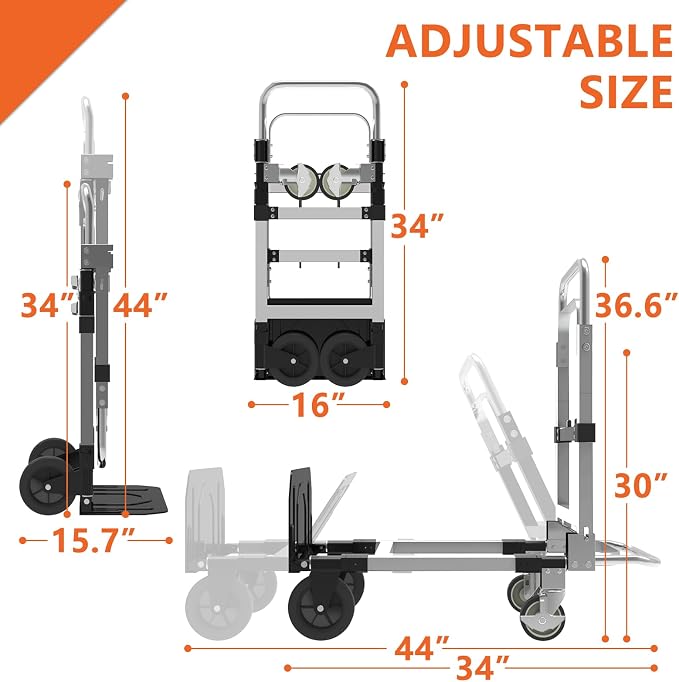 3 in 1 Heavy Duty Folding Hand Truck, Convertible Portable Steel Dolly with Telescopic Handle, Foldable Utility Cart with Rubber Wheels, 500 LBS