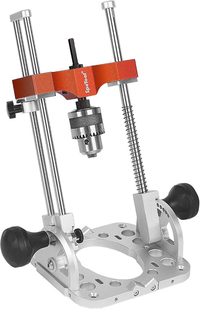SpeTool S04001 Portable Drill Guide with Liner Ball Bearings Guide Poles, 1/2” Chuck Portable Drill Press Adapter for Hand Drill Adjustable from 0-60°, Multi Angle Drill Guide for Straight Holes