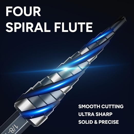 Four Spiral Flute Step Drill Bit Set, 3PCS 1/8"-7/8" (34 Sizes), High-Speed Steel Unibit Step Bits with 1/4" Hex Shank for Stainless Steel Metal Aluminum Wood Plastic