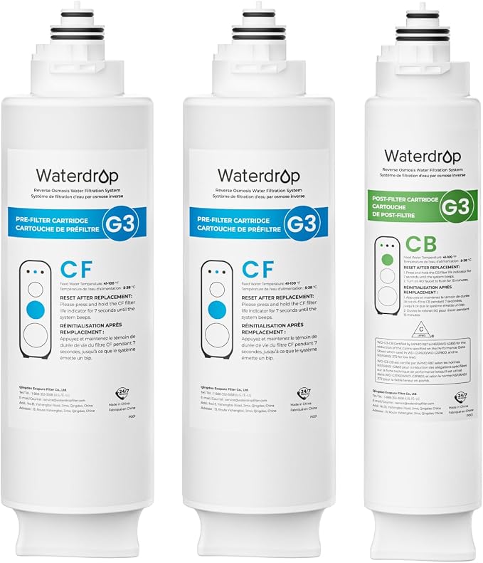 Waterdrop G3-2CFCB Filter, Replacement for Waterdrop G3-W & G3P600 & G3P800 Reverse Osmosis System, Pack of 2 G3-N1CF Filters and 1 G3-N3CB Filter, 1-Year Combo