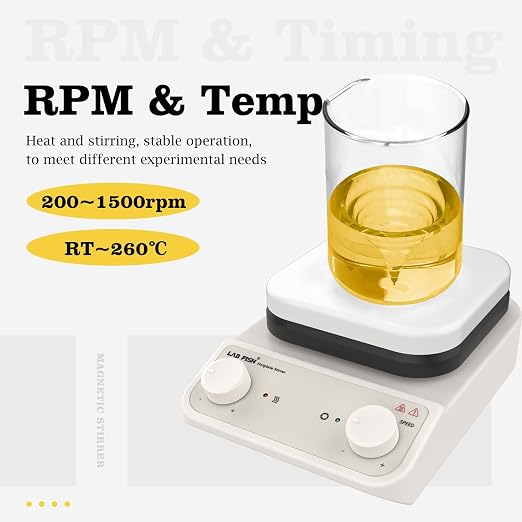 LAB FISH HS6 Magnetic Stirrer Hot Plate, 260℃ 200-1500RPM | 5.2 inch square ceramic hot plate, 3L, knob speed control, with stand & stir bar for lab heating & mixing