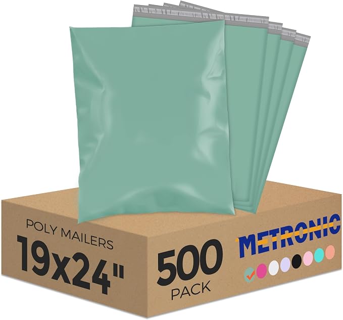 Metronic 19X24 500Pack Poly Mailers Strong Adhesive Shipping Envelopes for Clothing, Waterproof Shipping Bags for Small Businesses, Flexible Mailers Poly Bags for Shipping, Grayed Jade Green