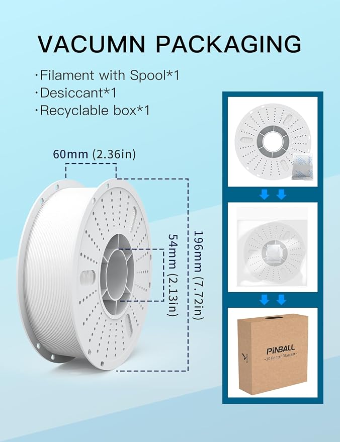 PINBALL PETG 3D Printer Filament 1.75mm High Precision Durable Moisture-Proof Strong Filament Mith Better Flow Dimensional Accuracy +/- 0.02mm Suitable for Most FDM 3D Printers 1 Kilogram White