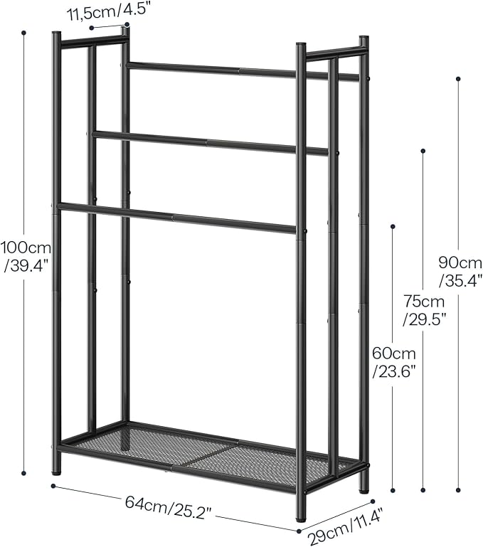 HOOBRO Free Standing Towel Rack for Bathroom, 25.2" L x 11.4" W x 39.4" H, 3-Tier Blanket Rack Stand with Bottom Mesh, Freestanding Quilt Stand with Adjustable Feet, Industrial Style, Black BK09LB01
