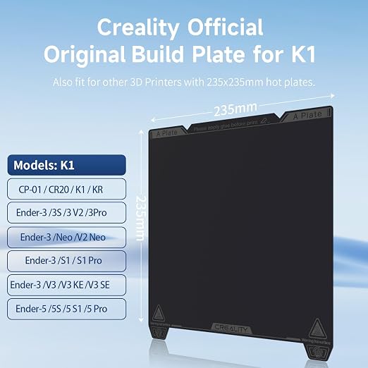Official Creality Original K1 Build Plate 235x235mm Smooth PEI Sheet Flexible Spring Steel Magnetic 3D Printer Build Plate for K1/K1C/Ender 3/3 V2/3 Pro/5/5 Pro/3 Neo/3 V2 Neo